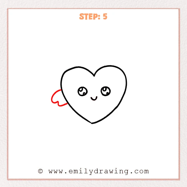how to draw a cartoon heart - Step 5 of a cartoon heart drawing adds a small rounded wing on the left side of the heart outline, with simple scalloped feather bumps.